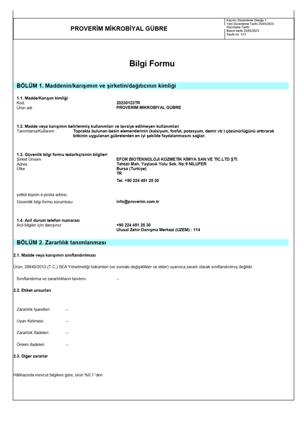 Güvenlik Bilgi Formu (MSDS) ilk sayfası